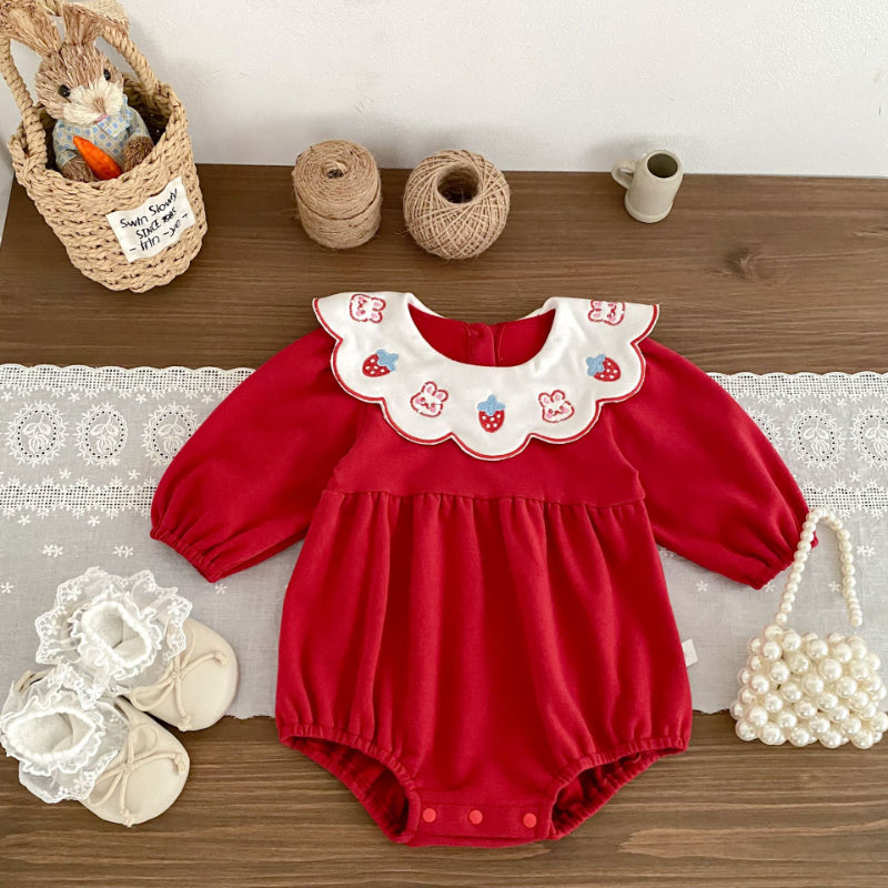 【BABY】イチゴ小兔刺繍襟ロンパースSK092813