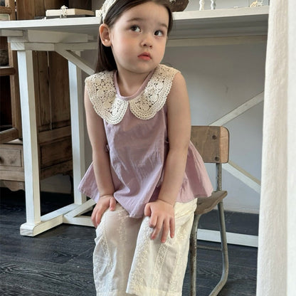 【BABY&KID】夏新作丸襟ノースリーブシャツ、レース刺繍パンツSK105714