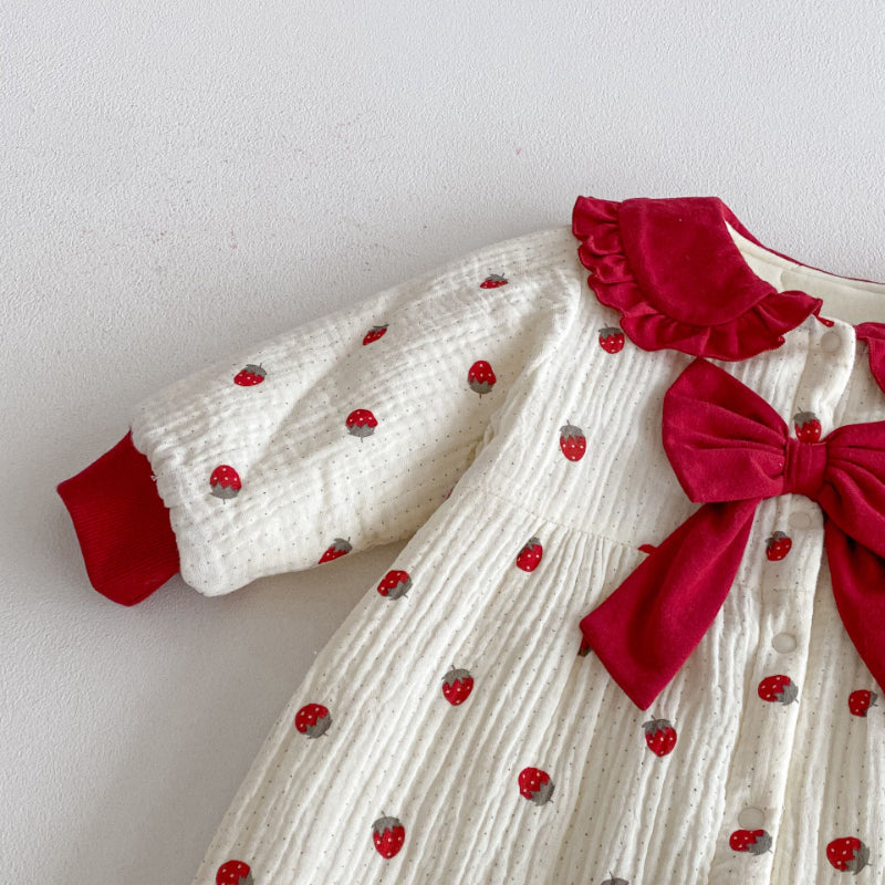 【BABY】冬新作大きなリボン付きいちご裏起毛カバーオールSK102711