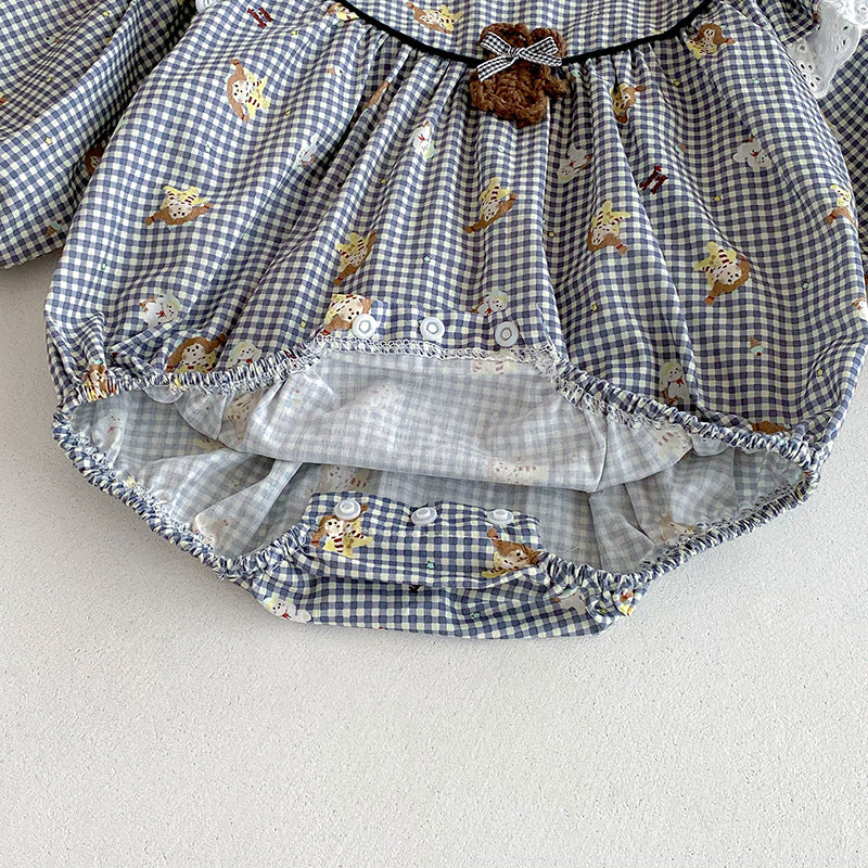 【姉妹服】チェックくまロンパース、ワンピースSK101121