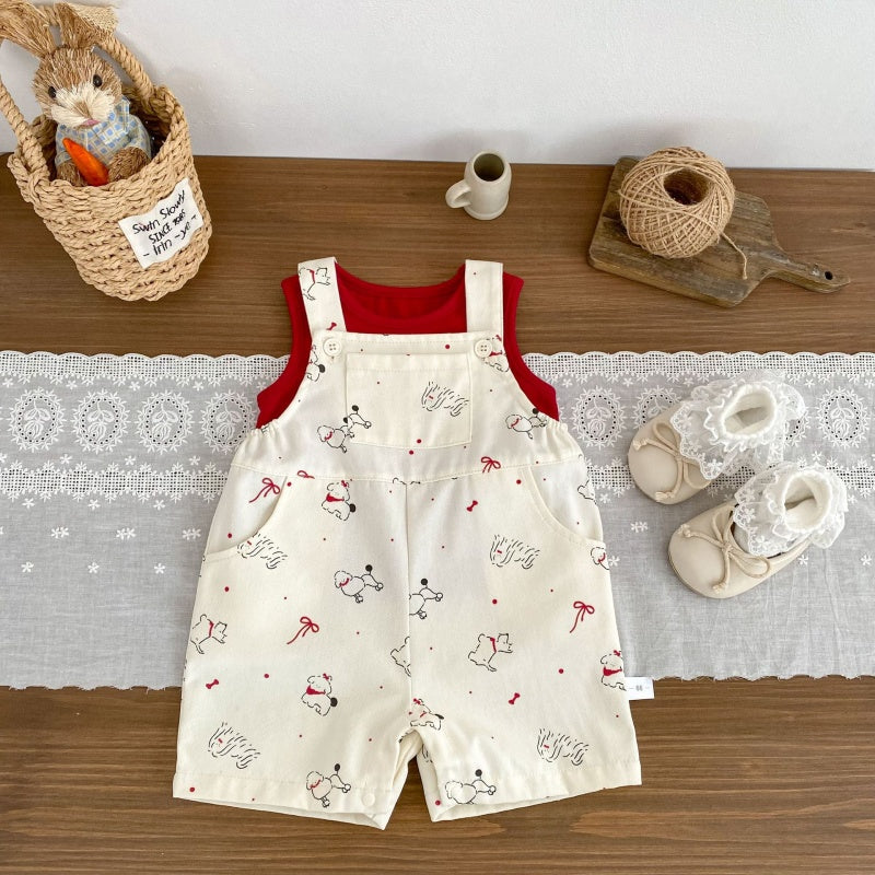 【BABY&KID】夏新作いぬプリントサロペットショートパンツ＆無地タンクトップSK105509