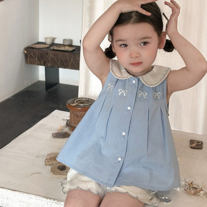 【BABY&KID】夏新作蝶結び刺繍シャツ、無地ショートパンツSK105715