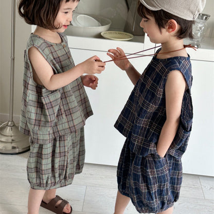 【BABY&KID】夏新作 チェックコットンリネンセットアップSK080511