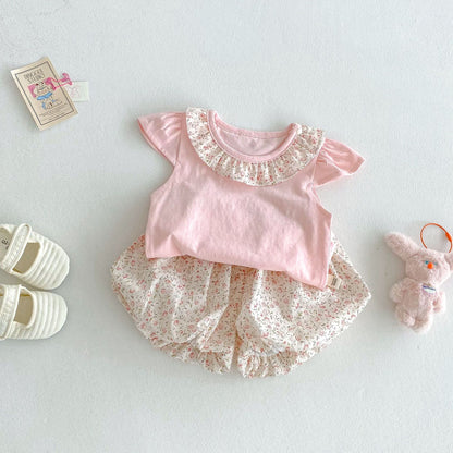 【BABY&KID】夏新作 フリル襟トップス＆フラワーパンツSKO71217