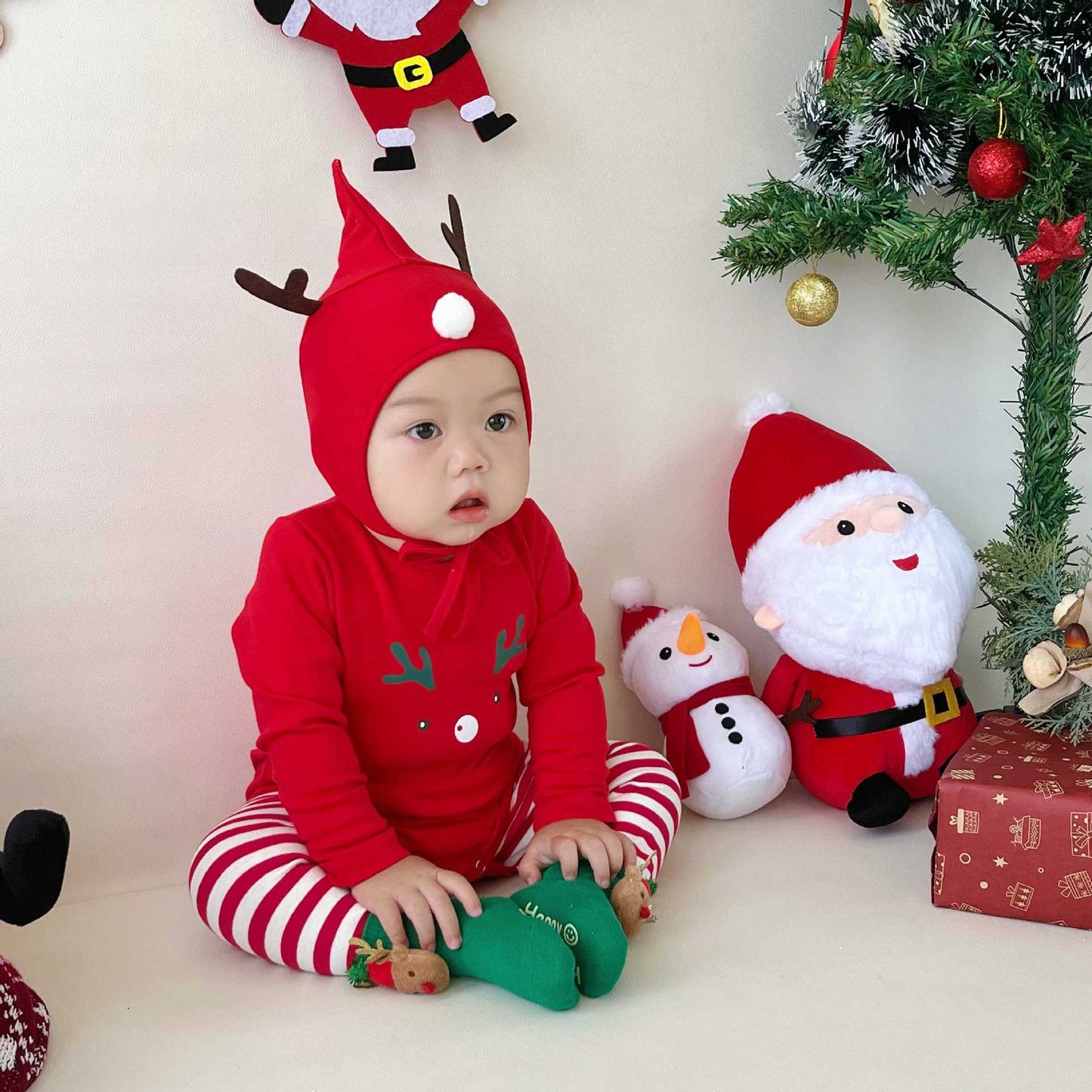 【BABY】トナカイ柄ロンパース、ボーダーレギンスセットSK102822