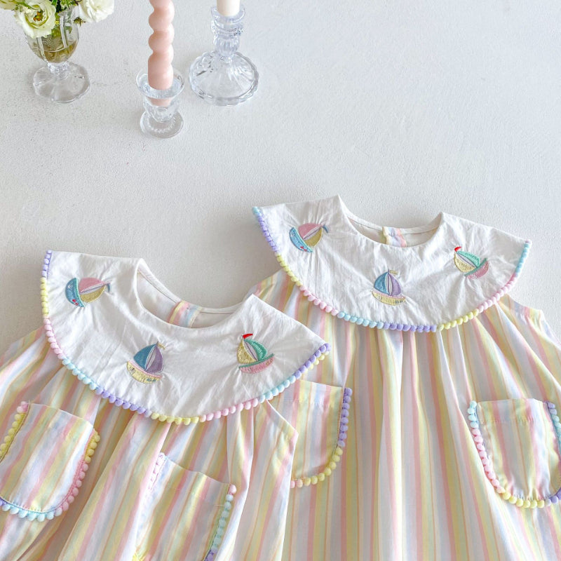 【姉妹服】夏新作 刺繍セーラー舟ロンパース、ワンピースSK072316