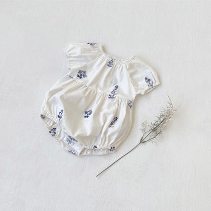 【BABY】夏新作 無地刺繍パフスリーブロンパースSK082514