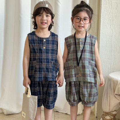 【BABY&KID】夏新作 ポケット付きチェックセットアップSK072107