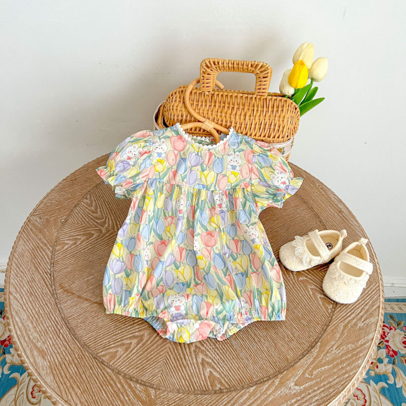 【BABY&KID】夏新作 花柄うさぎロンパース、ロンパースワンピ、ワンピースSK090713