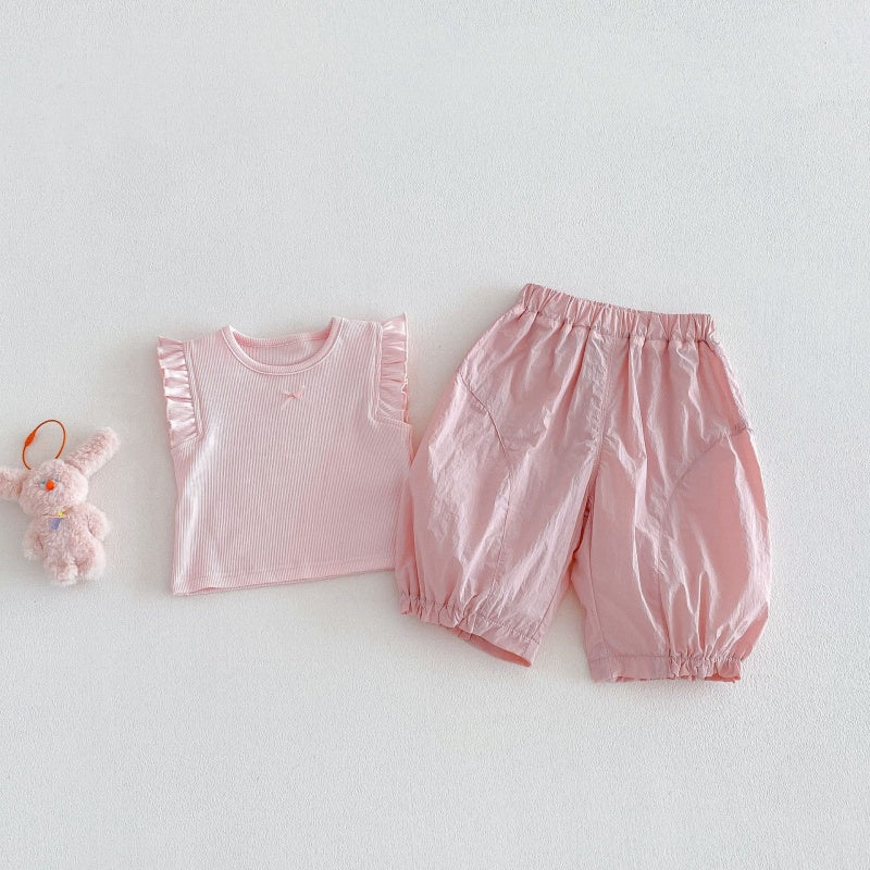 【BABY&KID】夏新作無地フリルスリーブタンクトップ、パンツSK104623