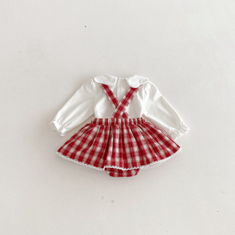 【BABY】チェックサロペットロンパース＆うさぎ刺繍SK103618