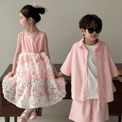 【BABY&KID】夏新作 ボーダーセットアップ、立体フラワーワンピースSK080520