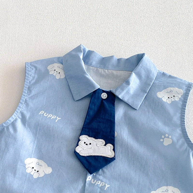 【BABY】夏新作いぬ刺繍ネクタイシャツ、デニムショートパンツSK104806