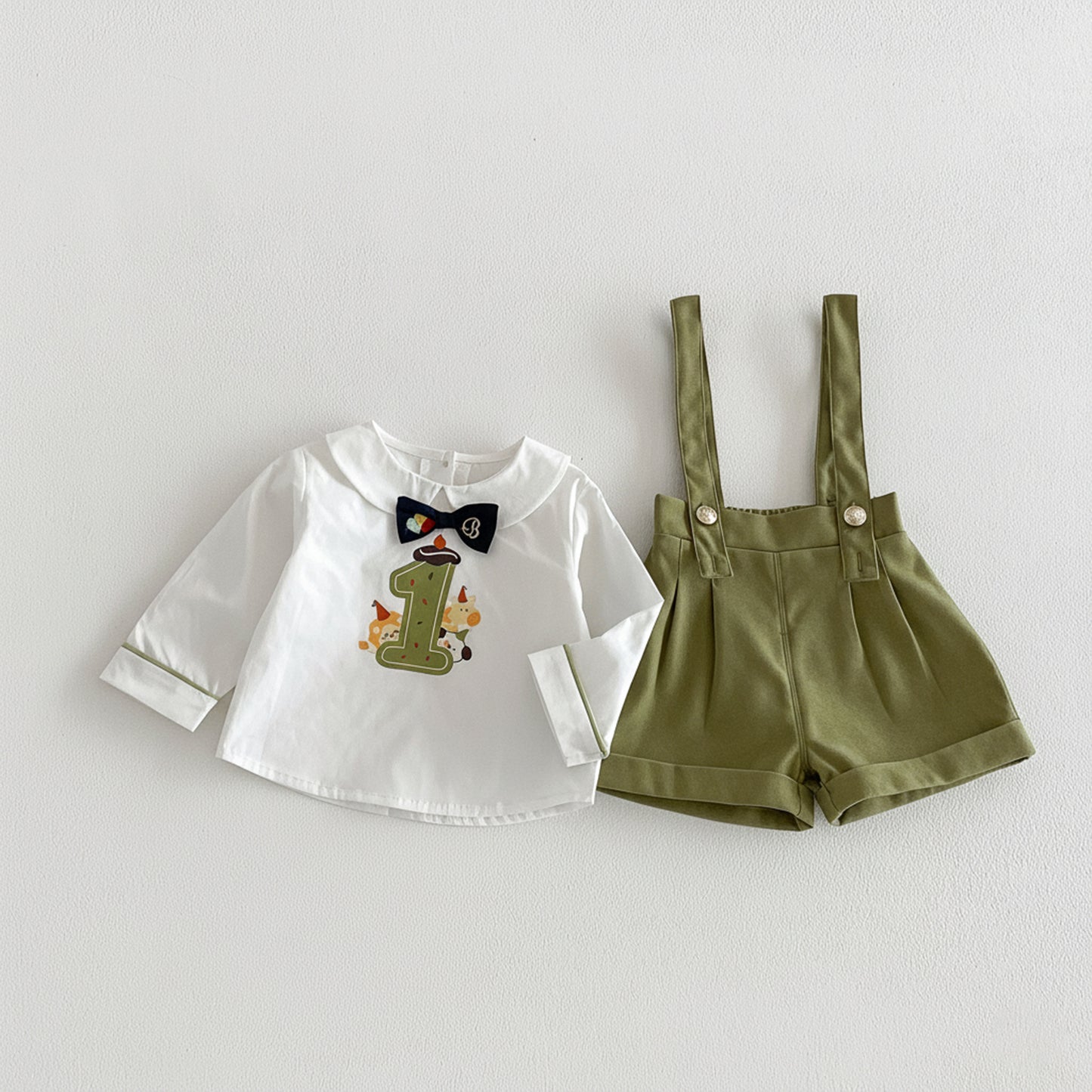 【BABY&KID】韓国風リボンタイシャツ、サロペットショーツSK103522