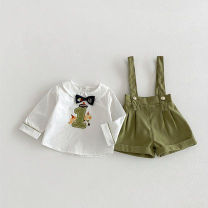 【BABY&KID】韓国風リボンタイシャツ、サロペットショーツSK103522