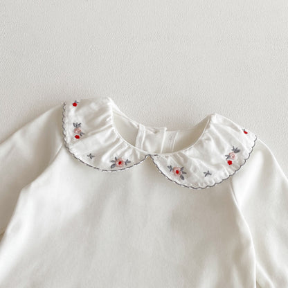 【BABY】リボンクルーネックロンパース、花刺繍カラーTシャツSK100741