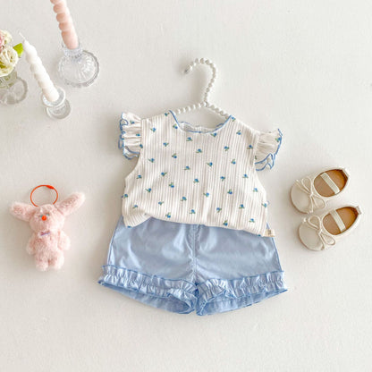 【BABY&KID】夏新作 ニットフリル袖Tシャツ、ョートパンツSK080615
