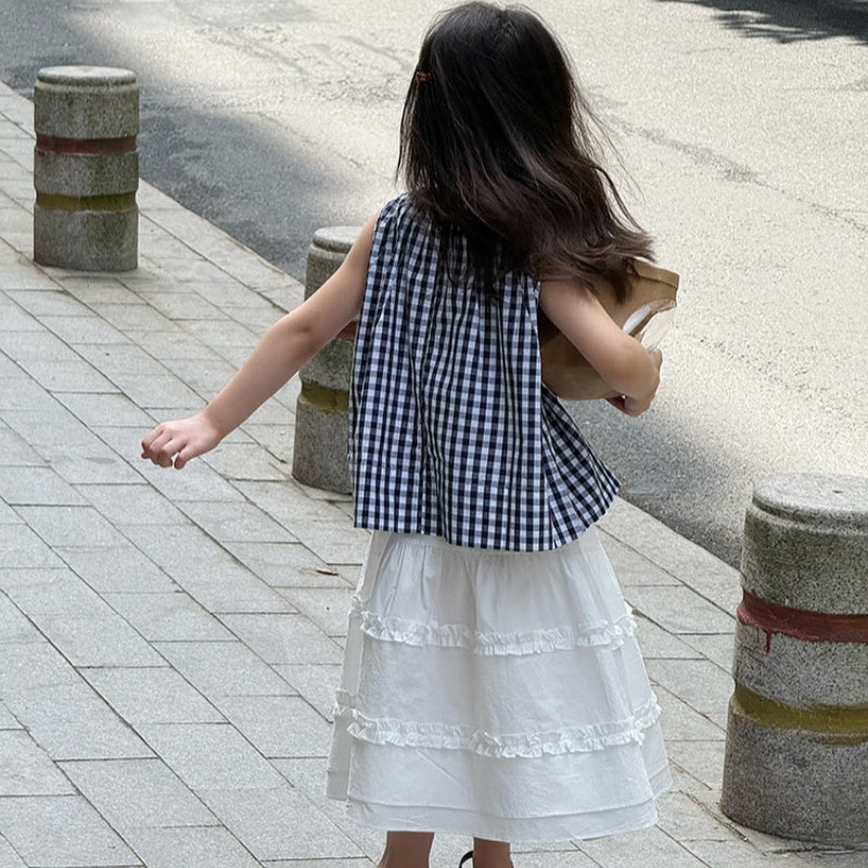 【BABY&KID】夏新作 ノースリーブチェックガールシャツ、無地スカートSK092632