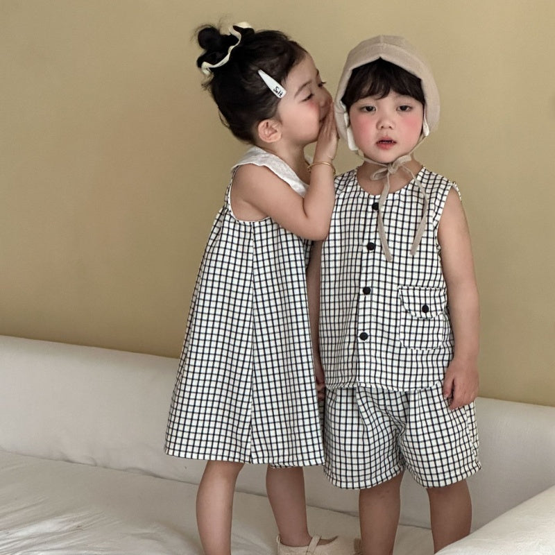 【BABY&KID】夏新作おしゃれチェック柄セットアップ、ワンピースSK104720