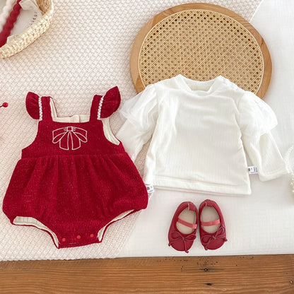 【BABY】冬新作蝶結び刺繍あったかロンパース、ワンピースSK103114