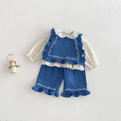 【BABY&KID】刺繍パフスリーブシャツ、刺繍ベスト、デニムパンツSK104122