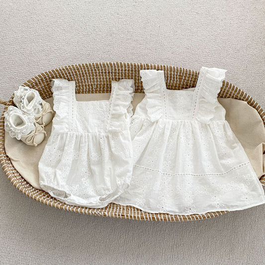 【姉妹服】夏新作 無地エンボスフリルスリーブロンパース、ワンピースSK072523