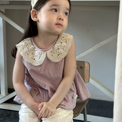【BABY&KID】夏新作丸襟ノースリーブシャツ、レース刺繍パンツSK105714