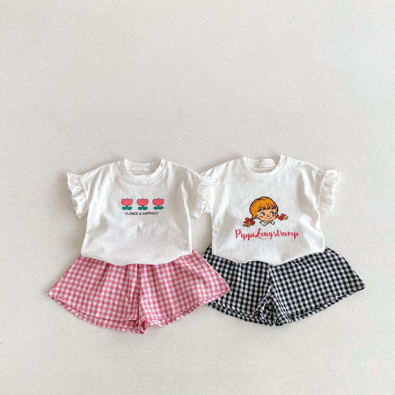 【BABY&KID】夏新作 フリル袖Tシャツ、チェックショートパンツSK091219