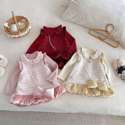【BABY&KID】冬新作ツイード風お姫様ワンピース＆リボンアクセSK102733