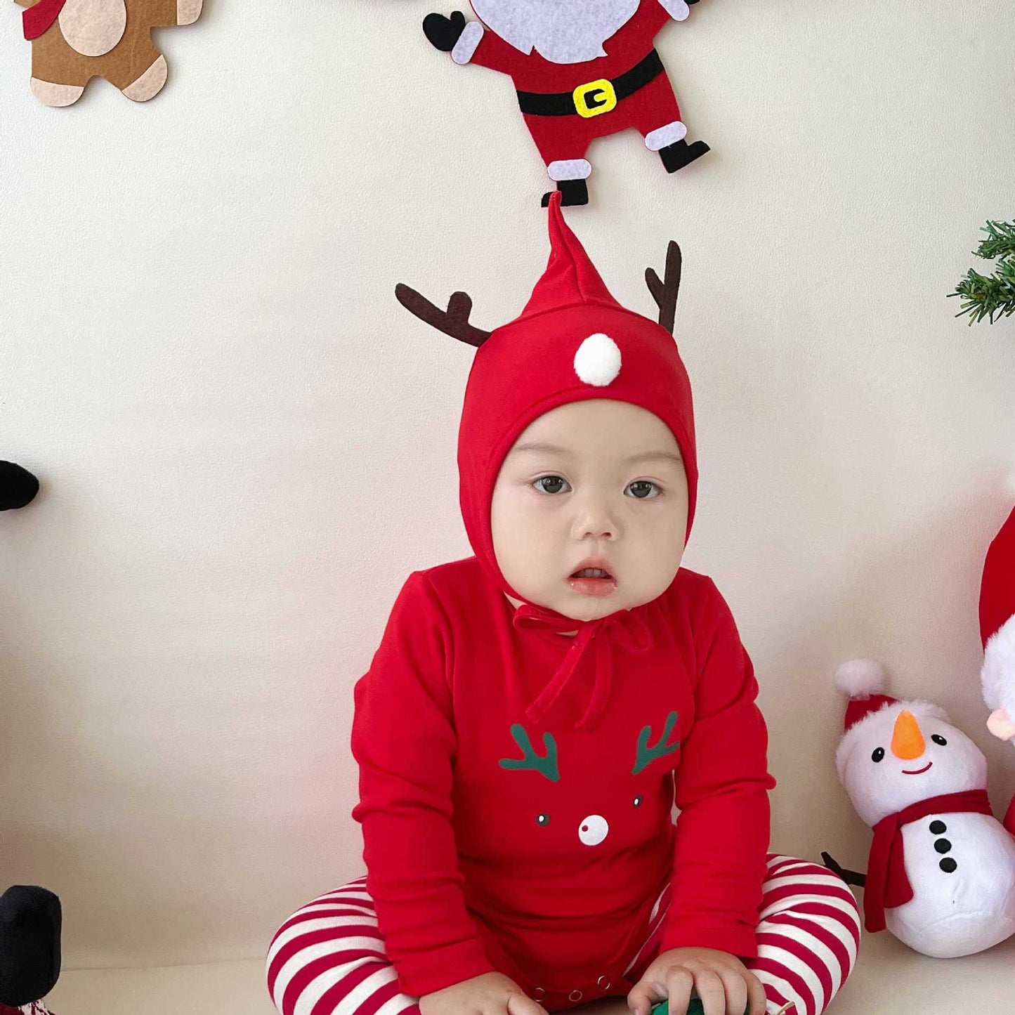 【BABY】トナカイ柄ロンパース、ボーダーレギンスセットSK102822