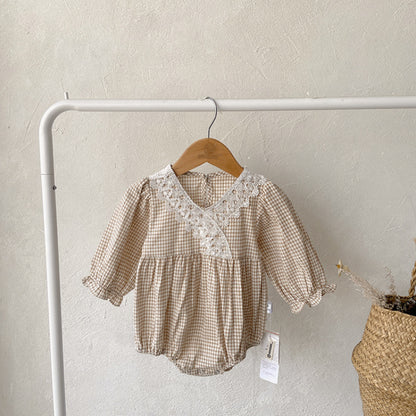 【BABY】VネックフリルチェックロンパースSK100107