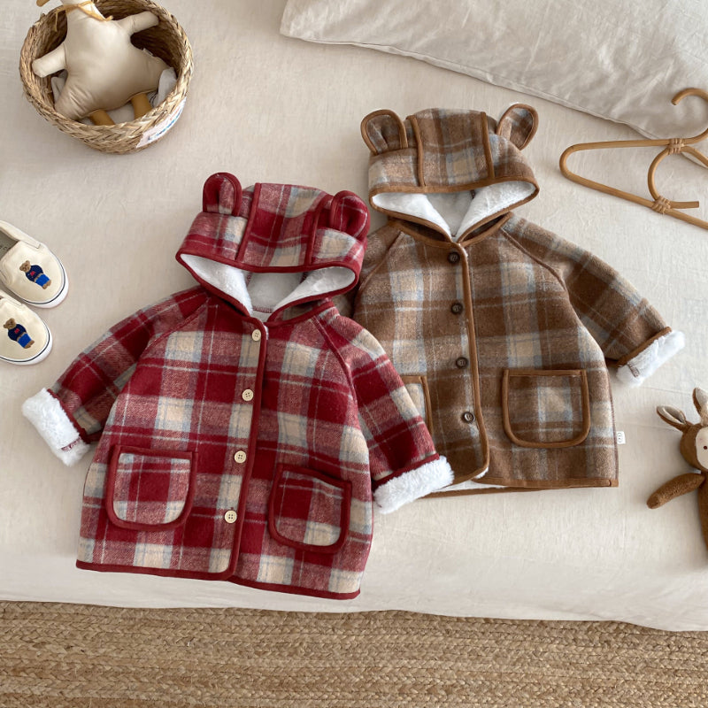【BABY&KID】冬新作チェック柄フード付きモコモコアウターSK102523