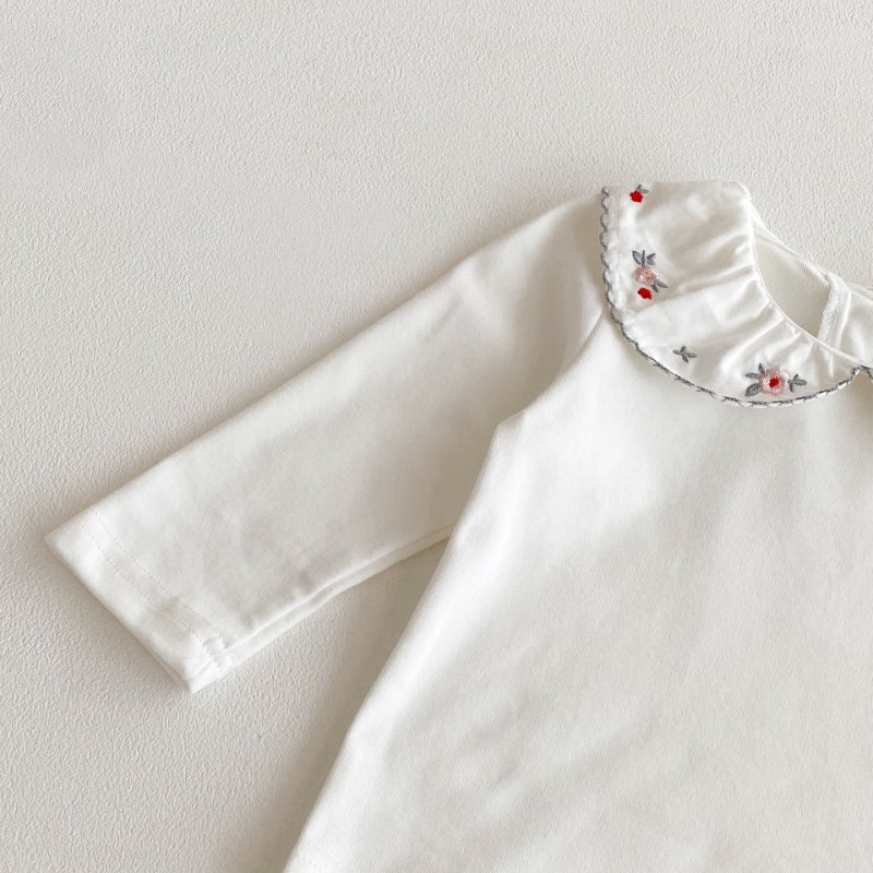 【BABY】リボンクルーネックロンパース、花刺繍カラーTシャツSK100741
