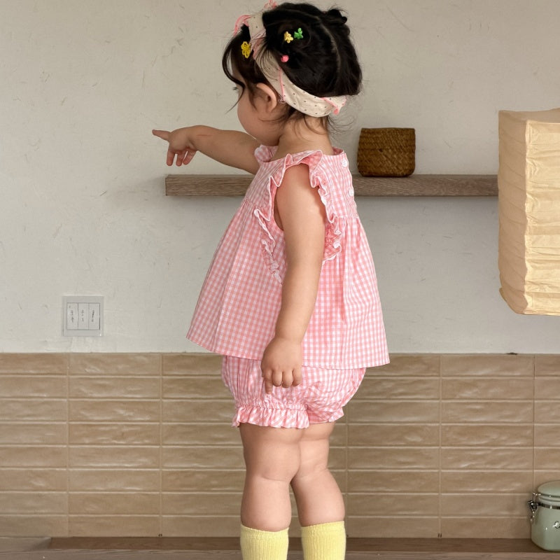 【BABY&KID】夏新作フリルスリーブチェックセットアップSK105713