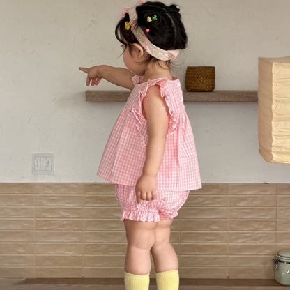 【BABY&KID】夏新作フリルスリーブチェックセットアップSK105713