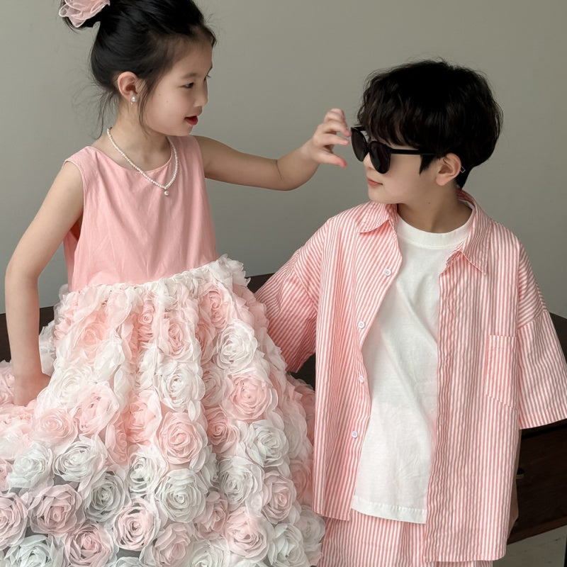 【BABY&KID】夏新作 ボーダーセットアップ、立体フラワーワンピースSK080520