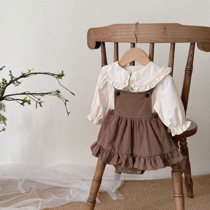 【BABY】ブラウンサロペットロンパース＆シャツセットSK092823