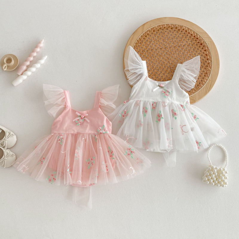 【BABY】夏新作 フラワー刺繍プリンセスロンパースワンピSK081708
