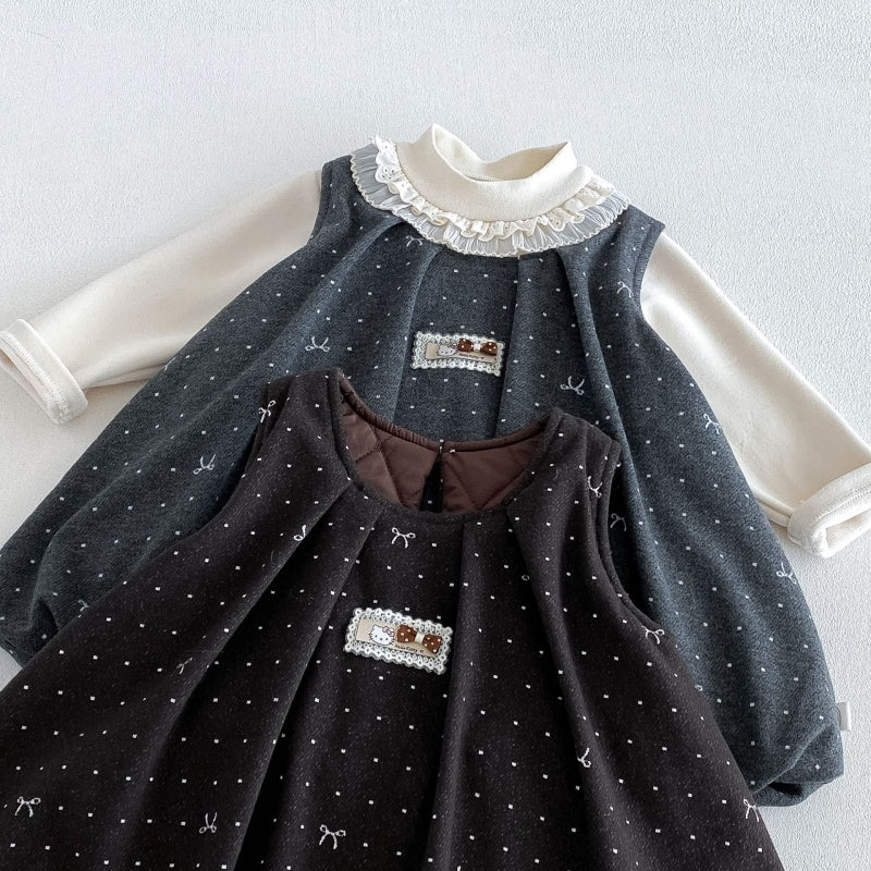 【BABY&KID】ドット蝶結びワンピース、ベージュトップスSK108112