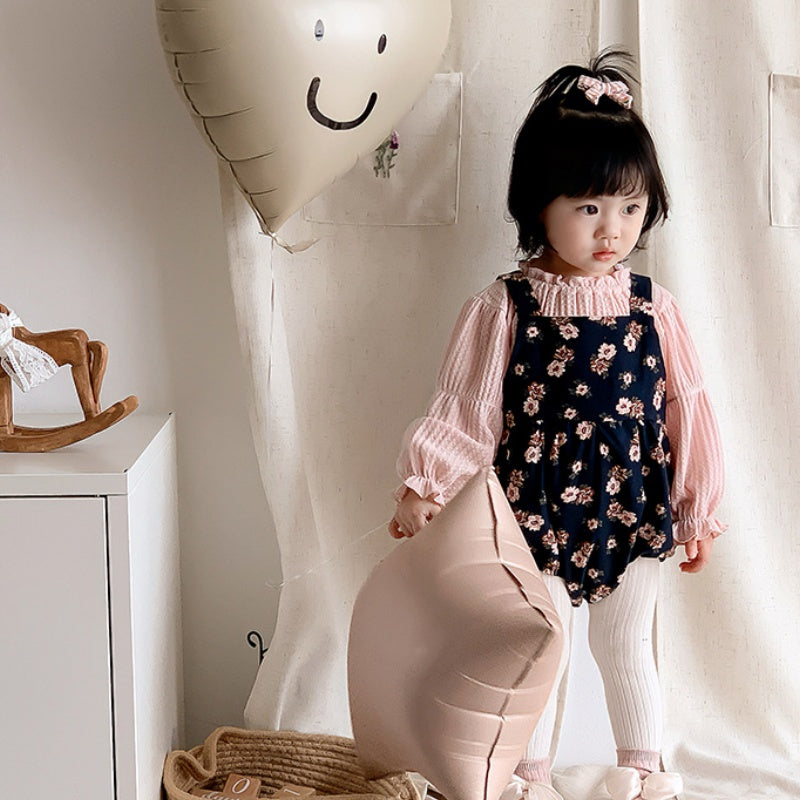 【BABY】小花柄サロペットロンパース&パフスリーブトップスSK100442