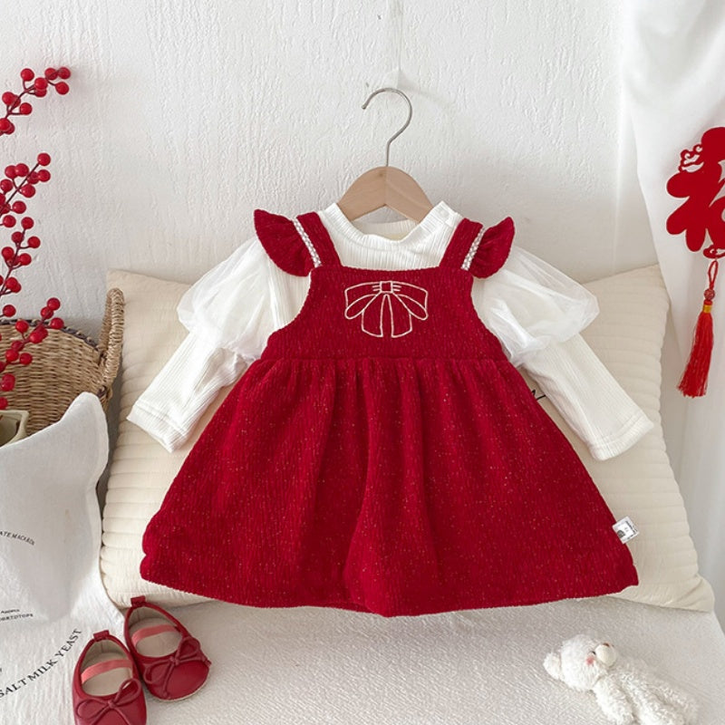 【BABY】冬新作蝶結び刺繍あったかロンパース、ワンピースSK103114