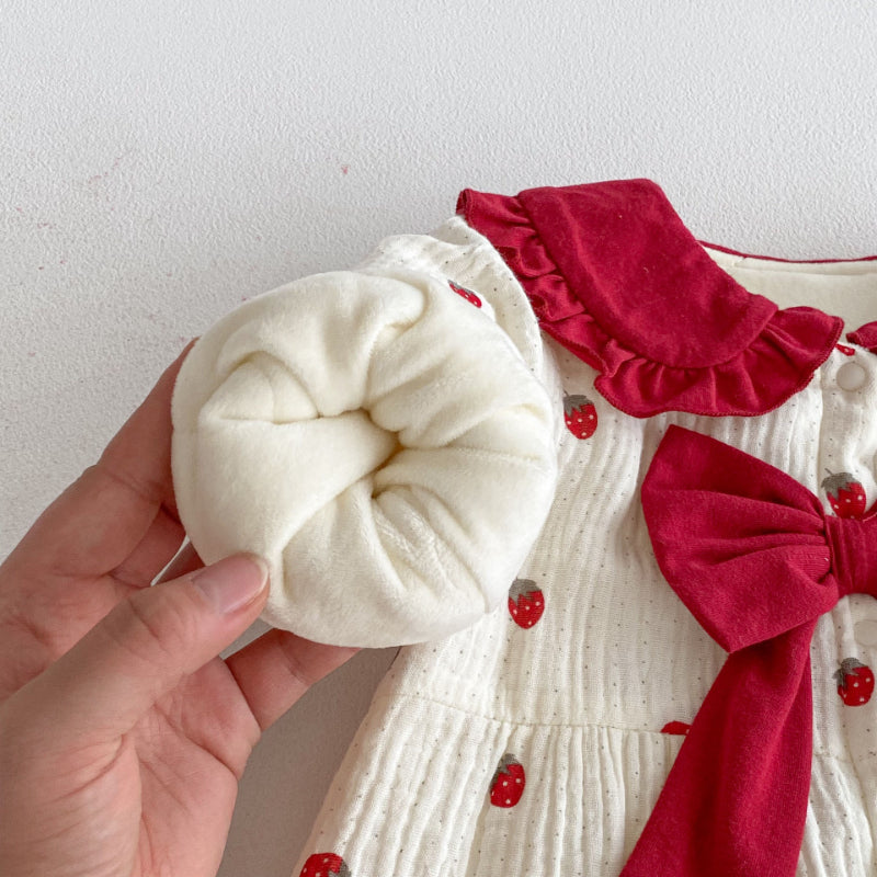 【BABY】冬新作大きなリボン付きいちご裏起毛カバーオールSK102711