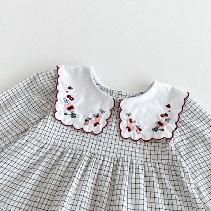 【BABY&KID】チェック花柄刺繍ワンピースSK011006