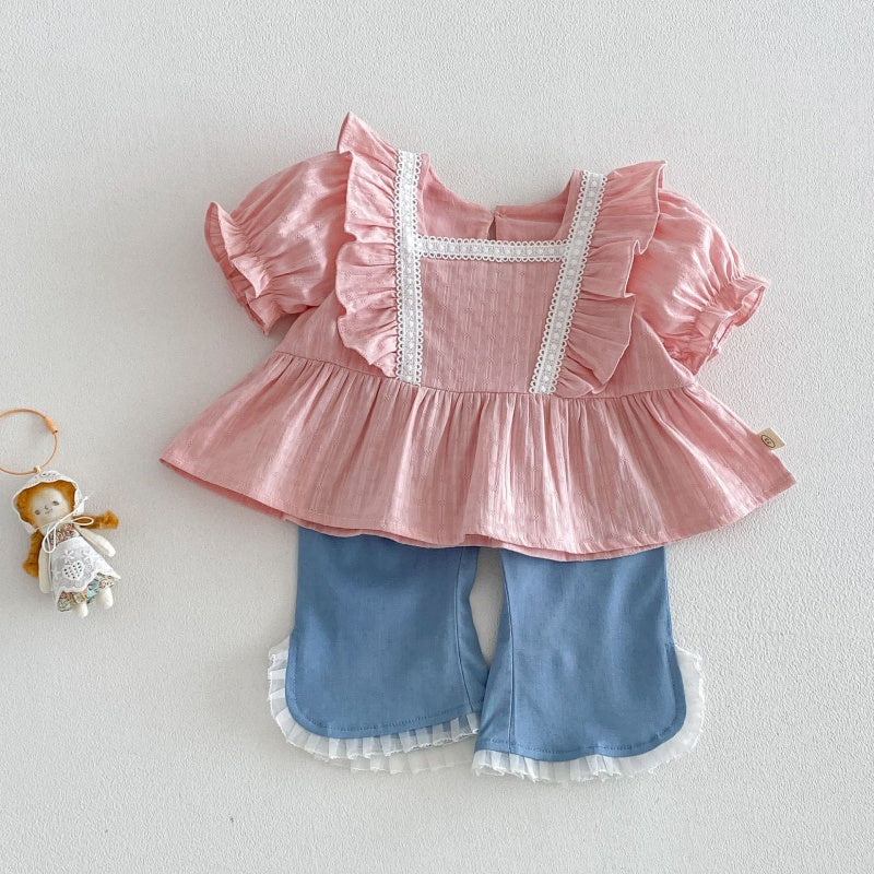 【BABY&KID】夏新作 フリルスリーブスクエアネックブラウス、デニムパンツSK105216