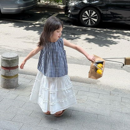 【BABY&KID】夏新作 ノースリーブチェックガールシャツ、無地スカートSK092632