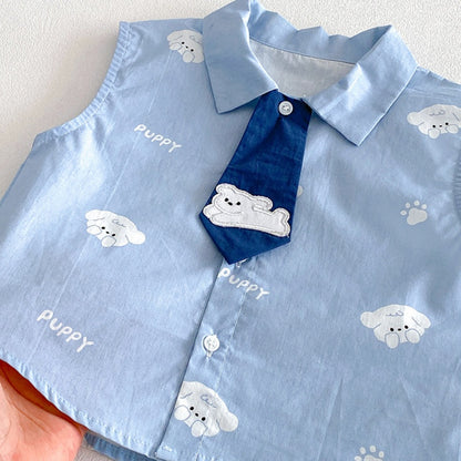 【BABY】夏新作いぬ刺繍ネクタイシャツ、デニムショートパンツSK104806