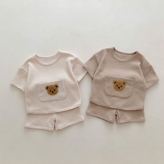 【BABY】夏新作 ワッフル大ポケットくまセットアップSK092621