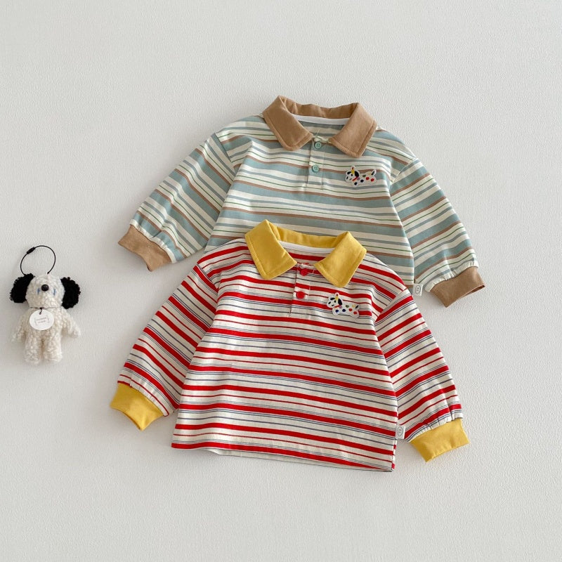 【BABY&KID】韓国風マルチボーダーPolo長袖TシャツSK104308