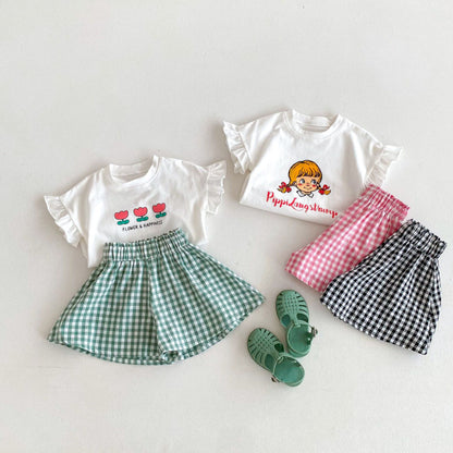 【BABY&KID】夏新作 フリル袖Tシャツ、チェックショートパンツSK091219