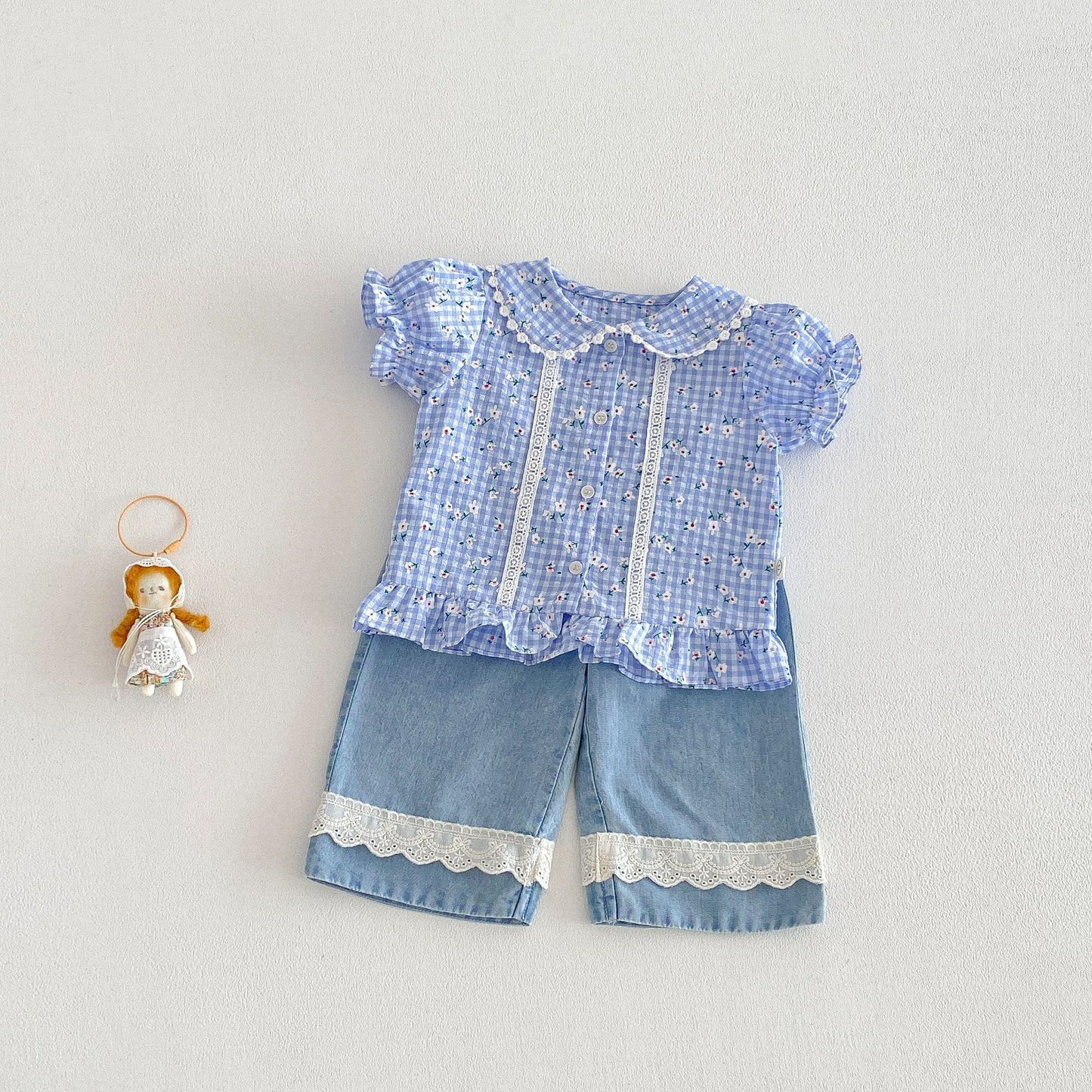 【BABY&KID】夏新作小花柄レースフリルシャツ、パンツSK105022